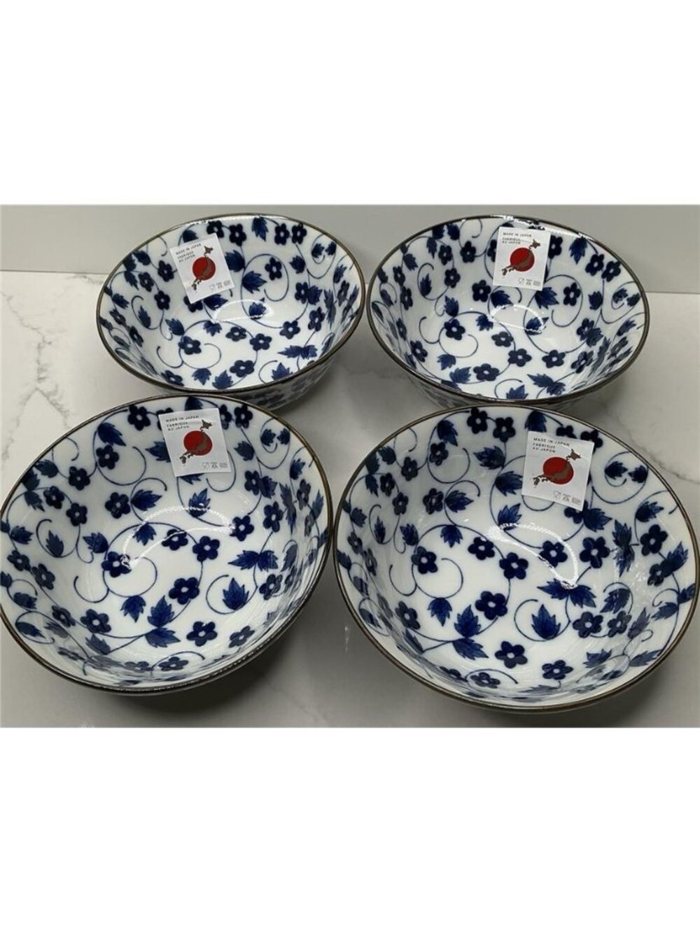 4 Japanese Porcelain Rice Soup Bowls Blue Made in Japan 4.5"D New